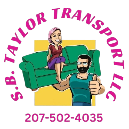 The logo for taylor transport llc shows a man and a woman sitting on a green couch