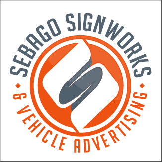 A logo for sebago sign works vehicle advertising