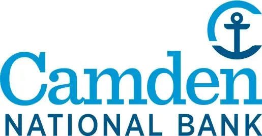 The camden national bank logo is blue and white