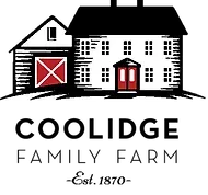 The logo for coolidge family farm is a black and white house with a red barn.