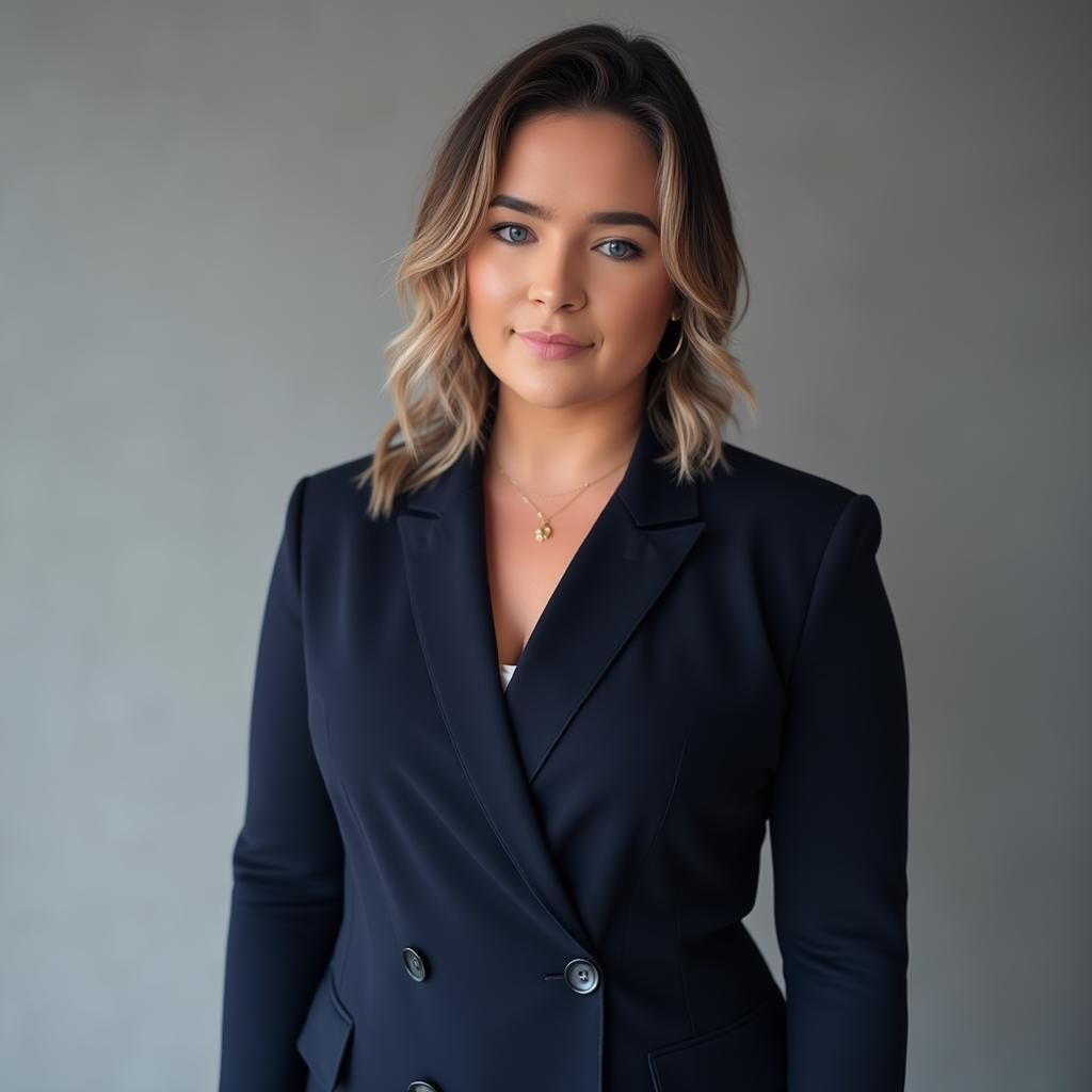 A woman in a black suit is standing in front of a gray wall.