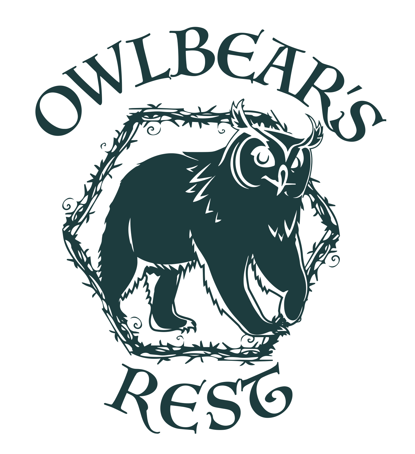 Logo: Owl-bear creature inside a hexagon frame of thorns, text 