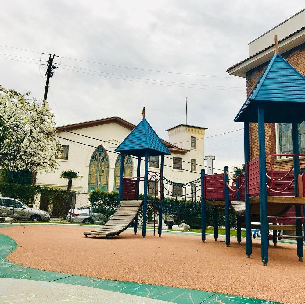 Playground with blue structures, ramp, and rope bridge, next to white building and blooming tree.
