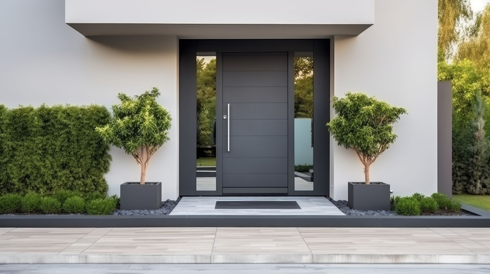 View of a grey external door with two ornamental trees on each side.