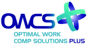 A blue and green logo for optimum work comp solutions plus