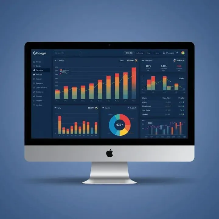 Mac computer displaying data visualizations and charts on a dark blue interface.