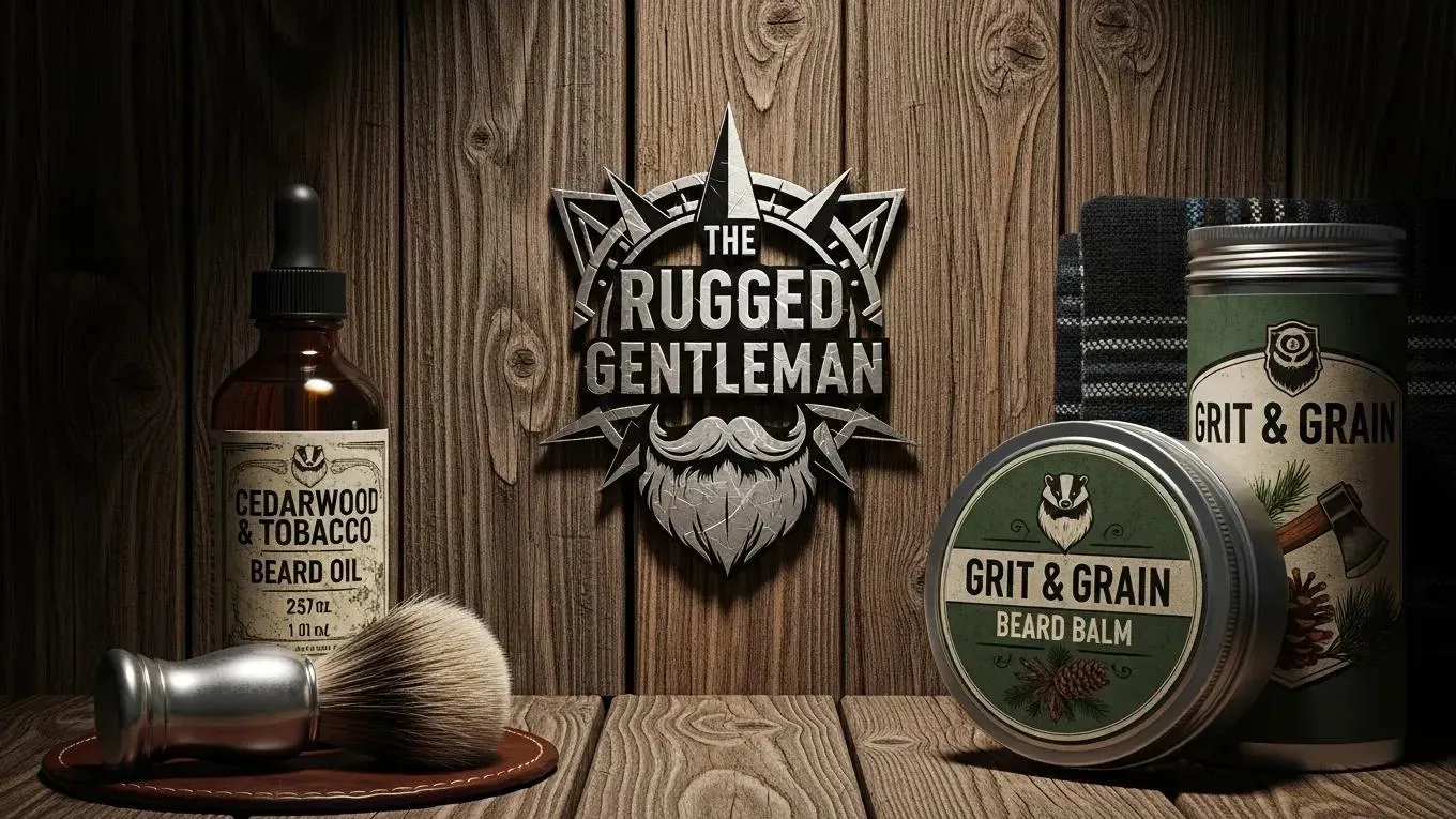 Artistic representation of a masculine brand identity with logo design and grooming products