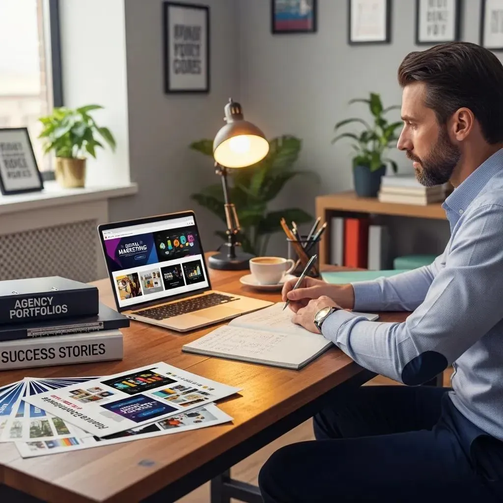 Business owner evaluating marketing agency portfolios in a cozy office, emphasizing careful decision-making