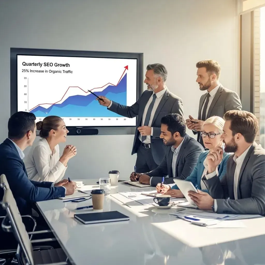 Business owners discussing successful SEO strategies in a conference room