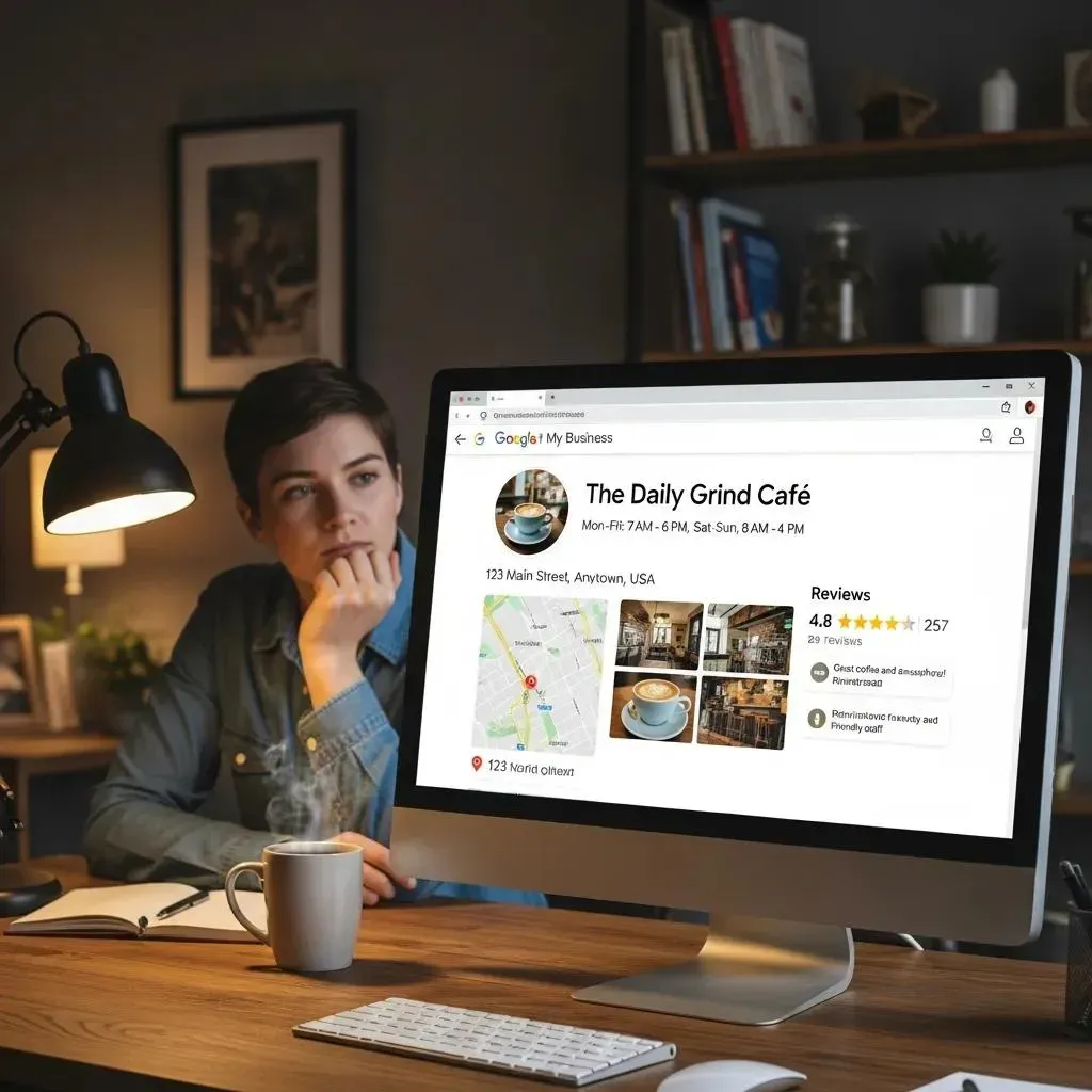 Computer screen showing an optimized Google My Business profile, crucial for local SEO