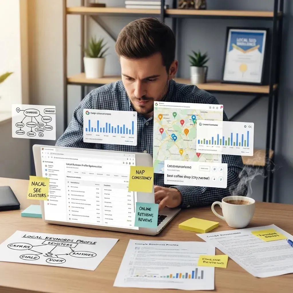 Digital marketing professional analyzing local SEO strategies in an office