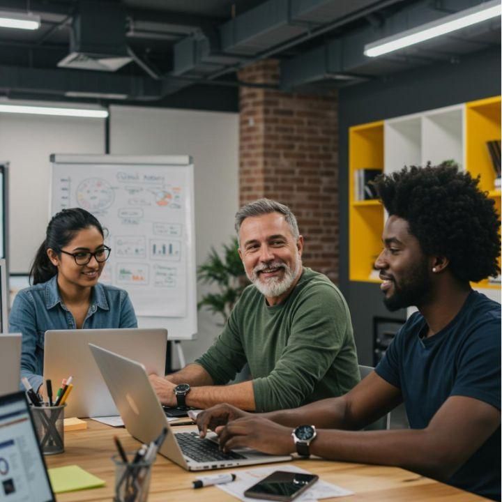 Digital marketing team collaborating in a modern office, emphasizing teamwork and strategy development