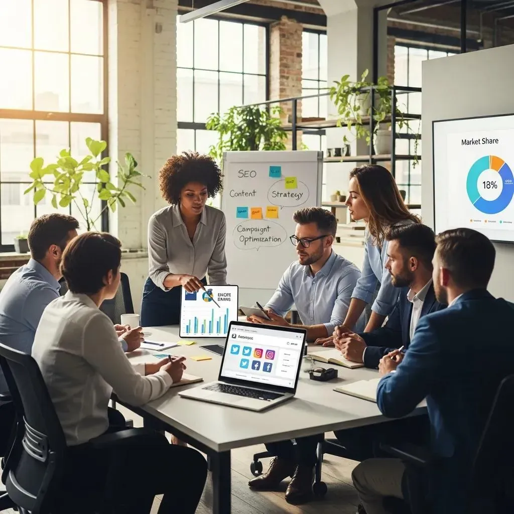 Diverse marketing professionals collaborating in a modern office, emphasizing teamwork and digital m