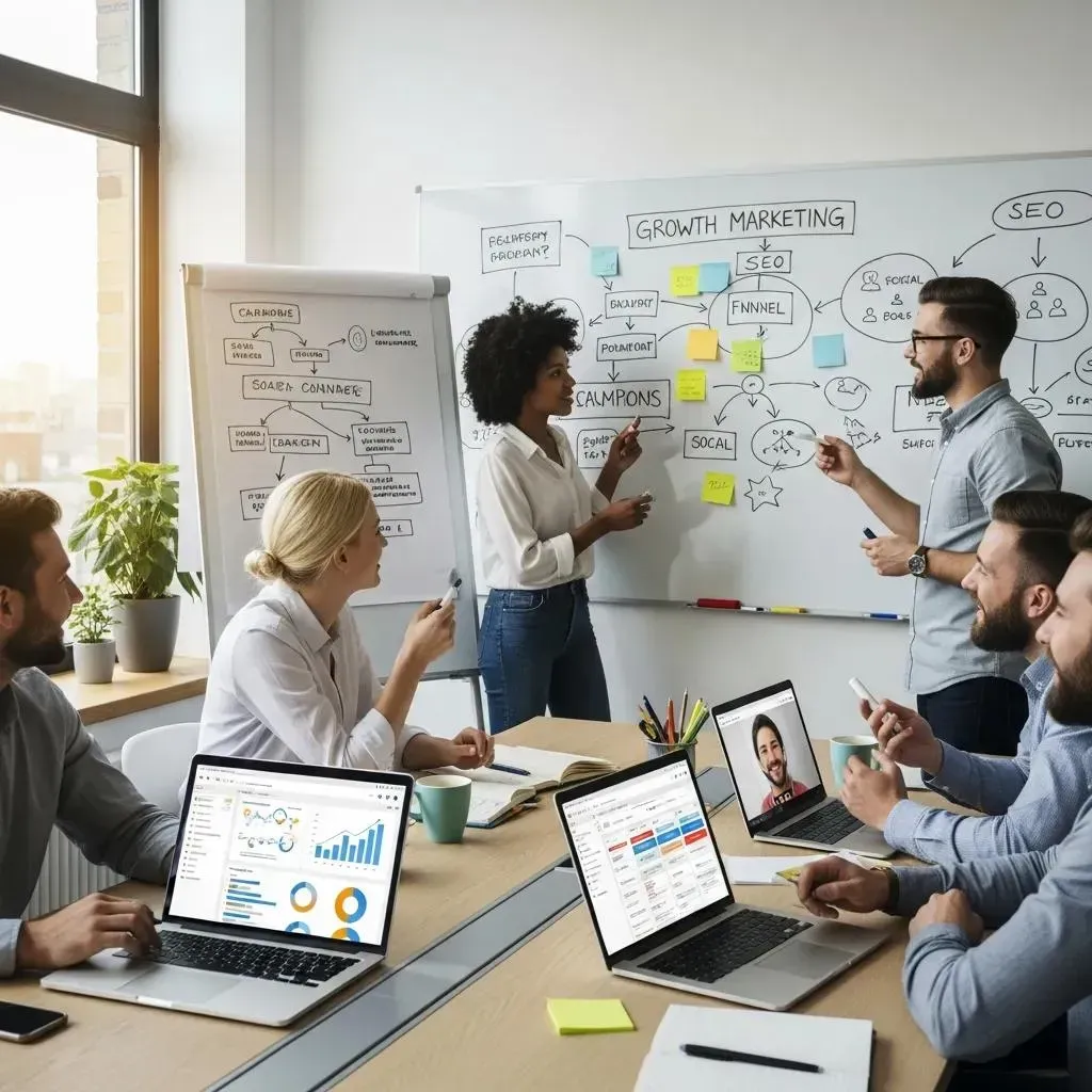 Diverse professionals collaborating on a growth marketing strategy in a modern office setting