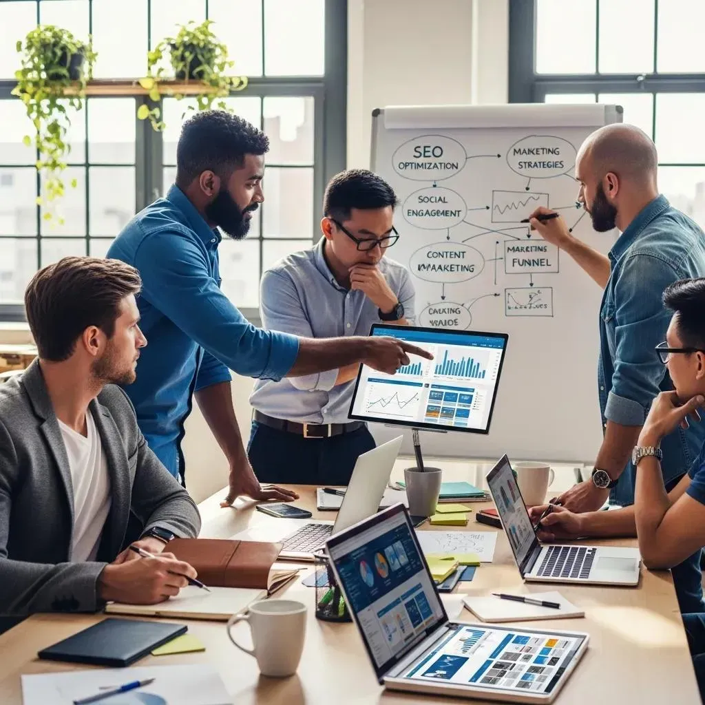 Team strategizing in a modern studio — branding meets digital marketing