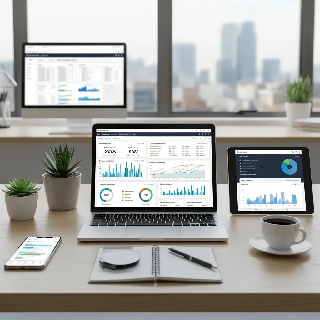 Marketing automation dashboard on a laptop in a modern office, symbolizing efficiency and growth