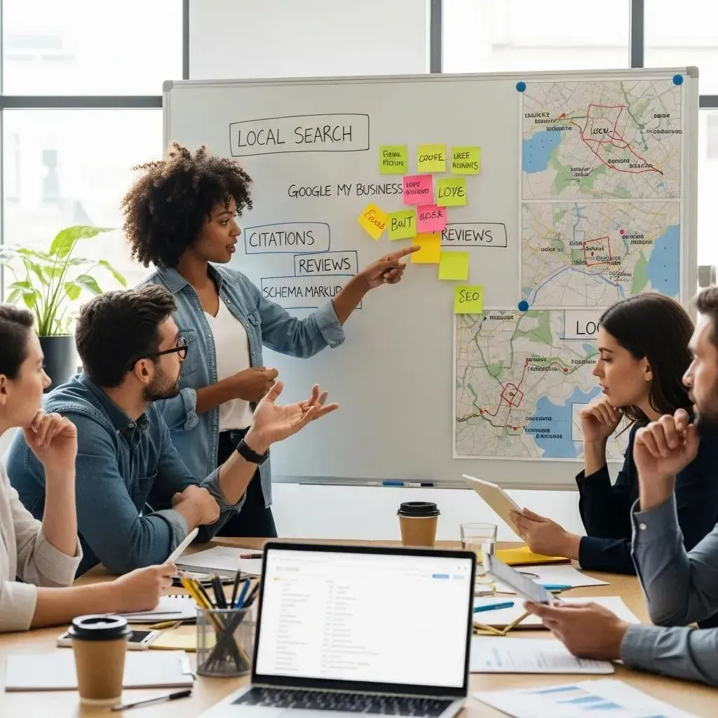 Marketing team collaborating on local SEO strategies in a modern office