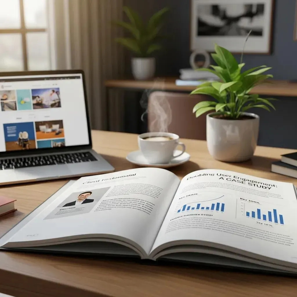 Open portfolio book showing client wins and measurable results