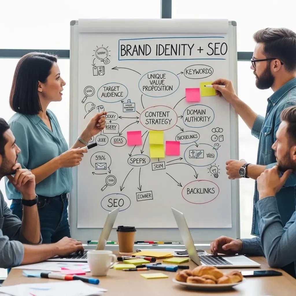 Digital marketing team collaborating on SEO strategies in a modern office