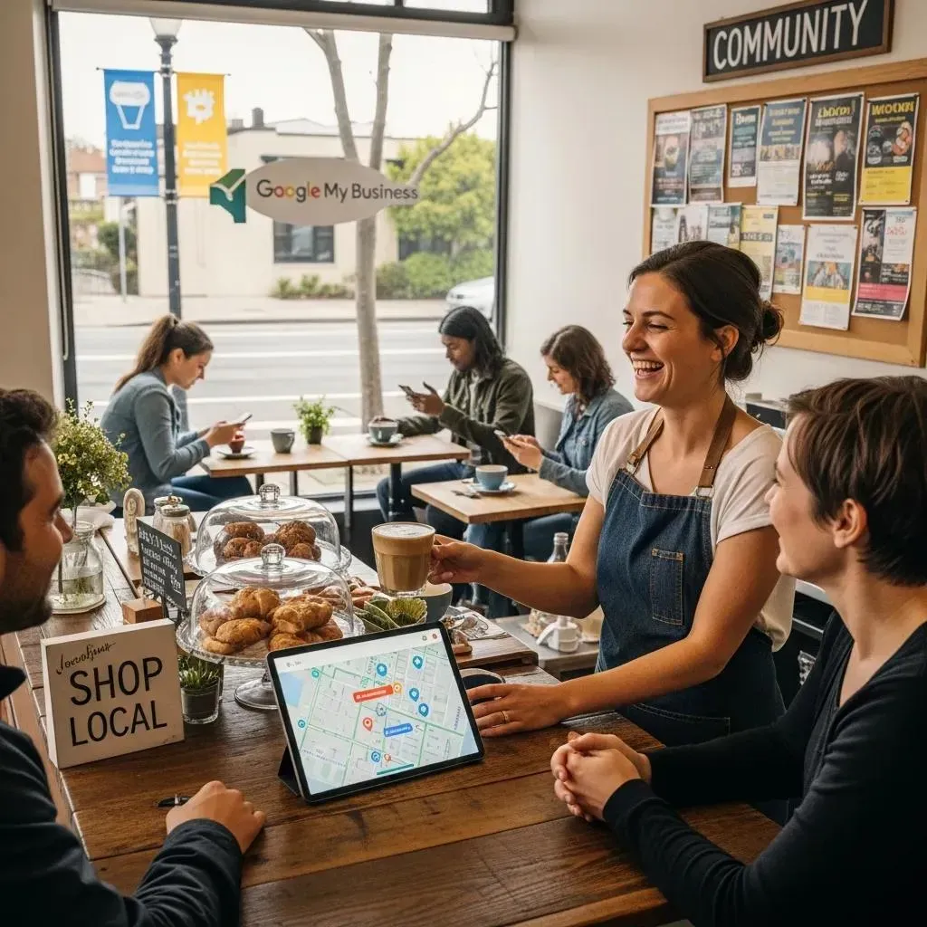 Small business owner engaging with customers, highlighting local SEO strategies