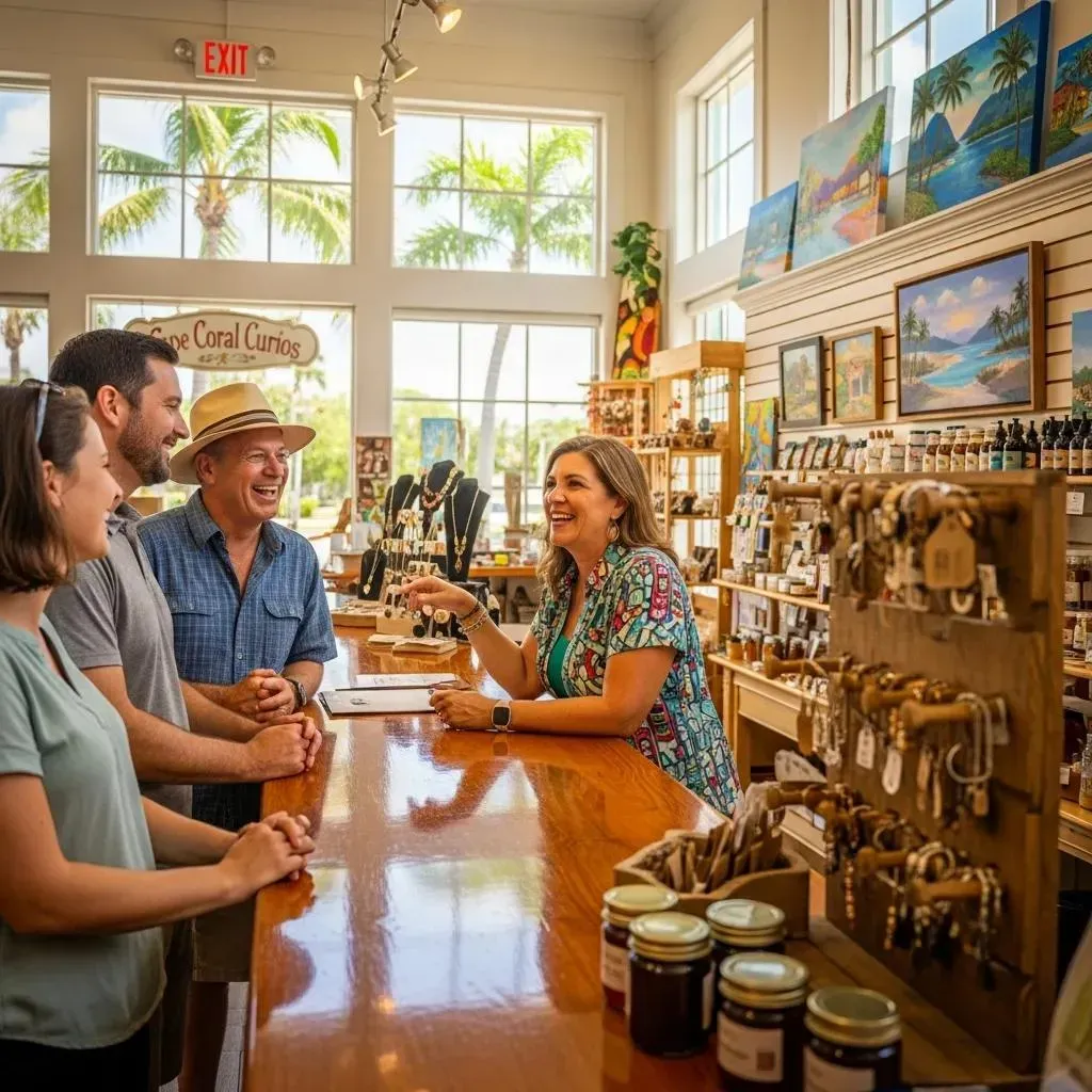Small business owner engaging with customers in a Cape Coral shop, highlighting local SEO strategies
