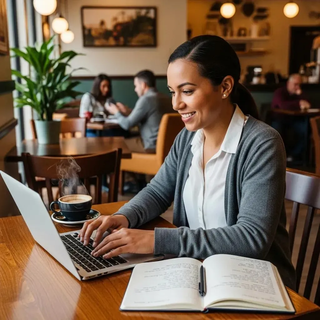 Small business owner in North Port working on SEO strategies in a café