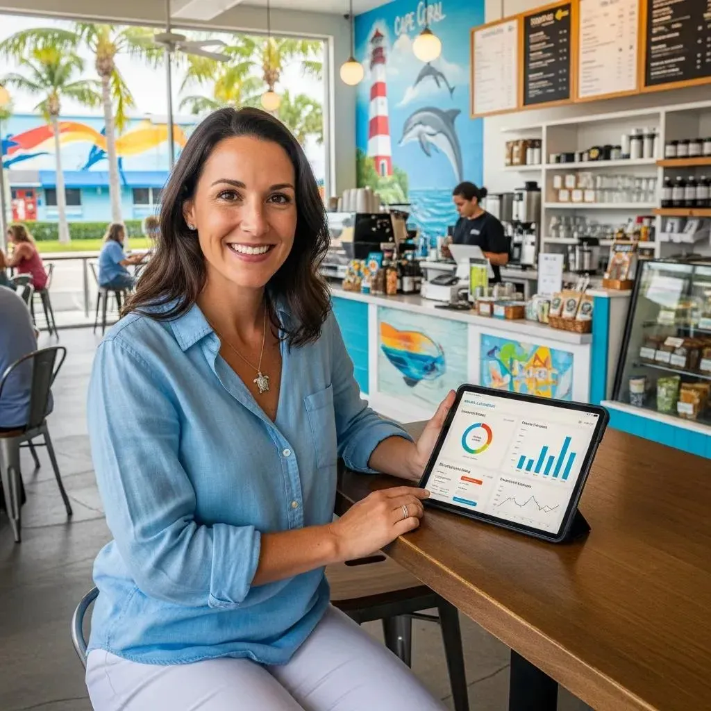Cape Coral small business owner reviewing SEO results on a tablet