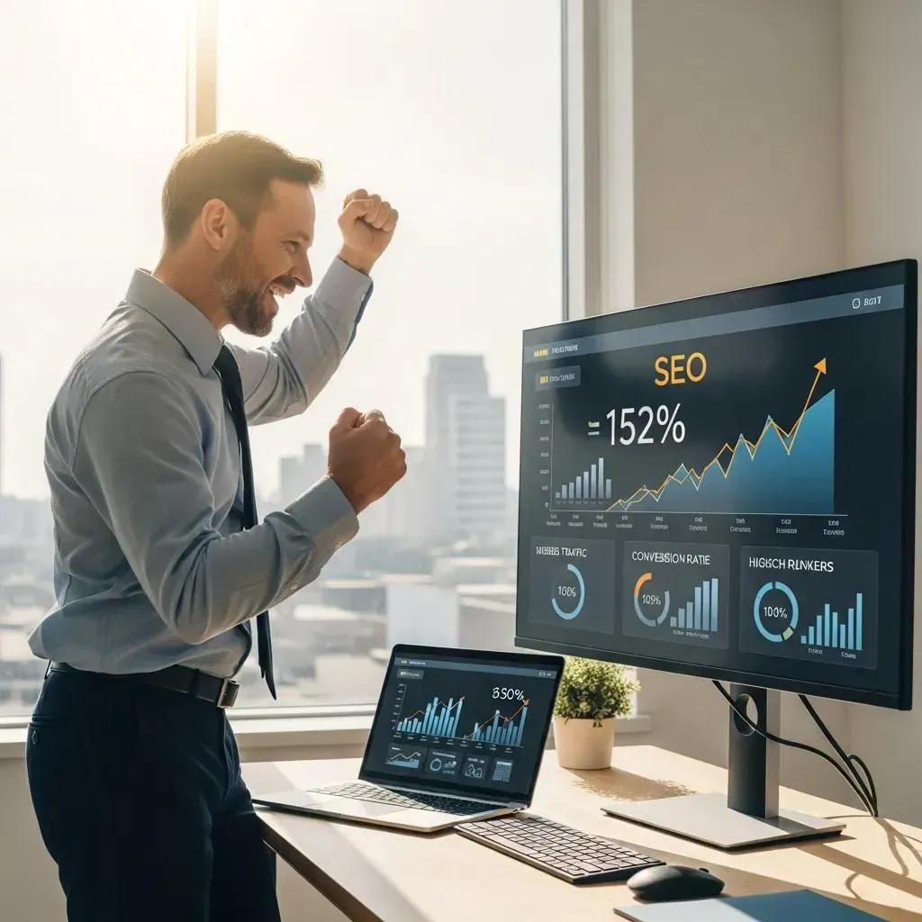 Owner celebrating better traffic and sales after focused SEO work