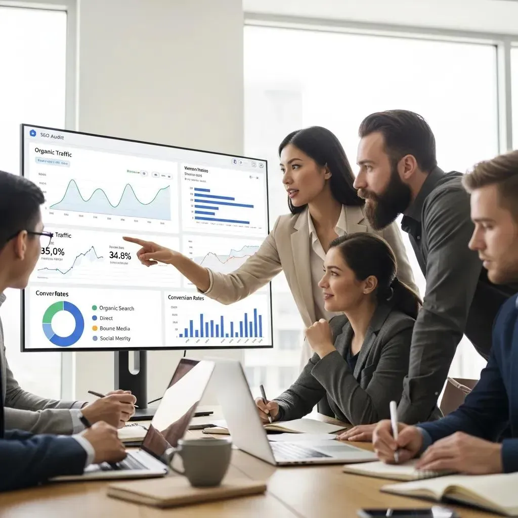 Team discussing SEO audit results with charts in a meeting