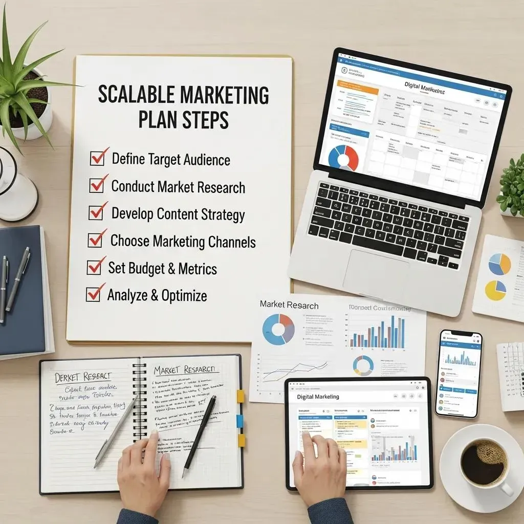 Visual representation of the essential steps to create a scalable marketing plan with research materials and digital devices