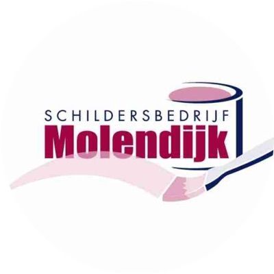 Logo voor Schildersbedrijf Molendijk: tekst over een verfpot en kwast, in de kleuren paars en wit.