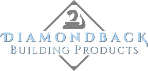 Logo for Diamondback Building Products: text and snake graphic within a gray diamond.