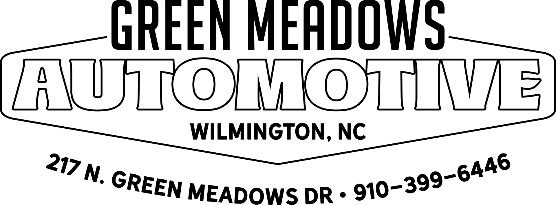A logo for green meadows automotive with a gear in the middle.