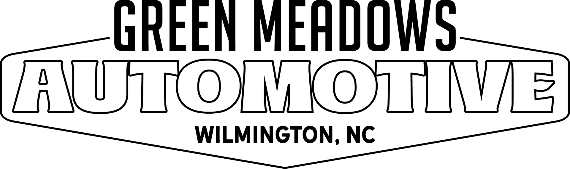 A logo for green meadows automotive with a gear in the middle.