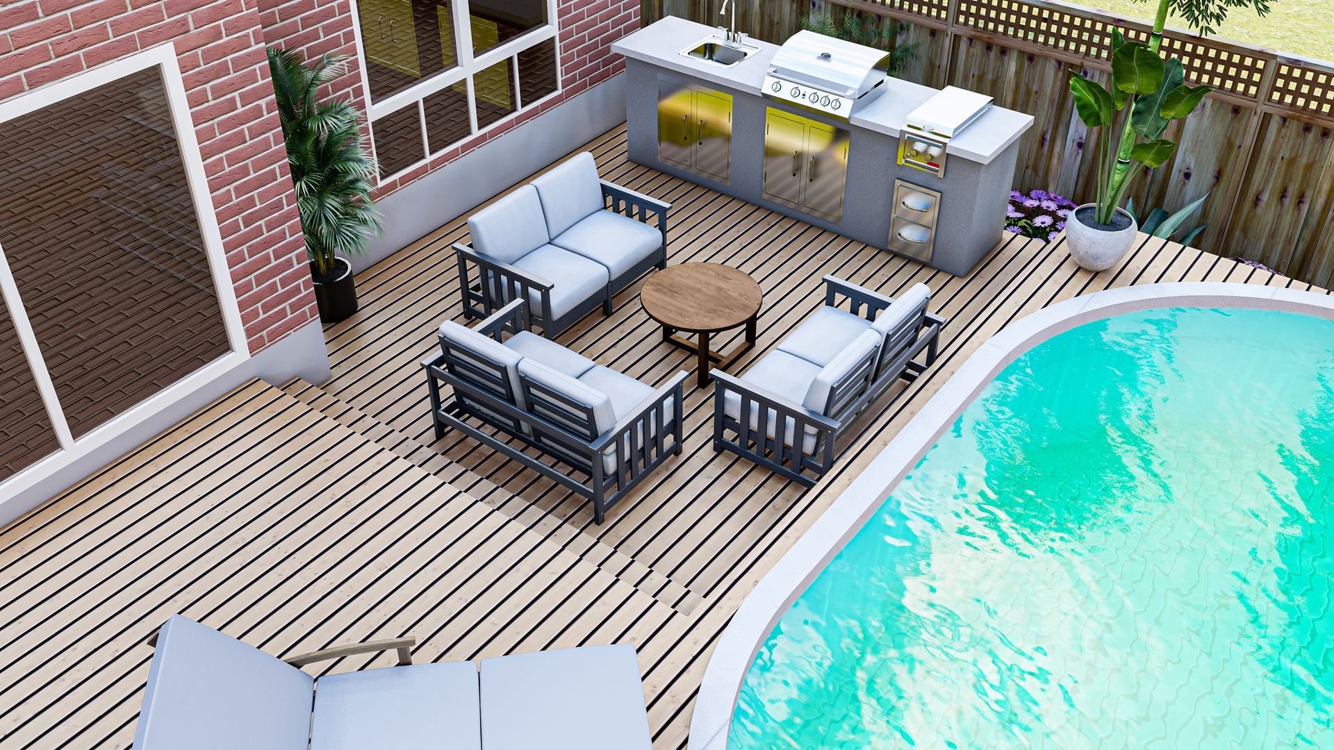 Outdoor patio with pool, seating, grill, and wood deck.