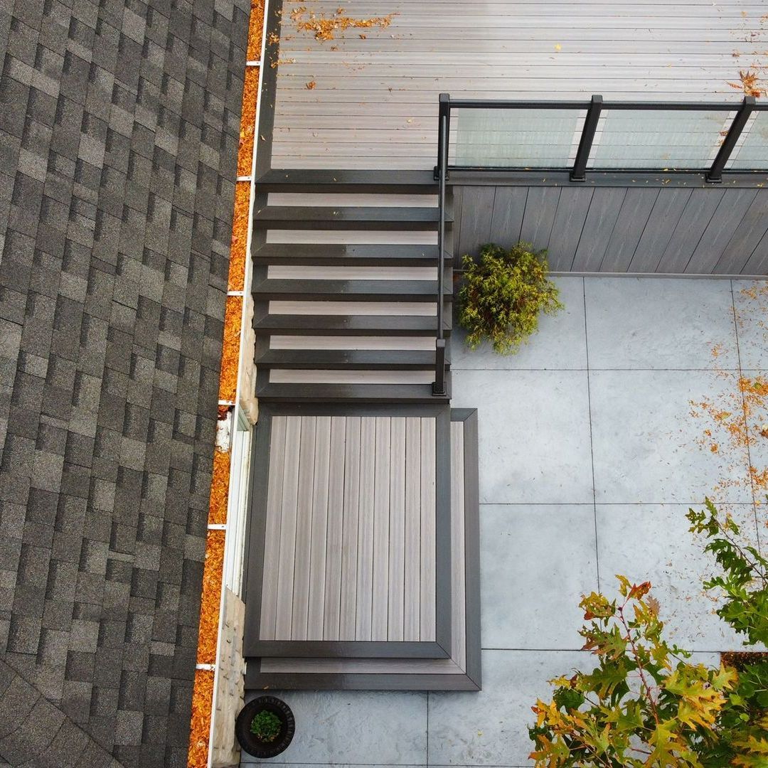 An aerial view of a deck with stairs leading up to it