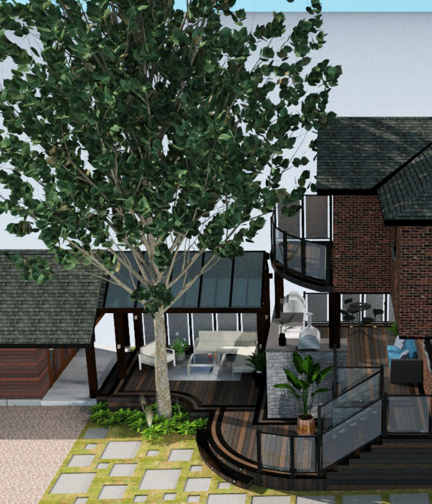 A rendering of a house with a tree in front of it