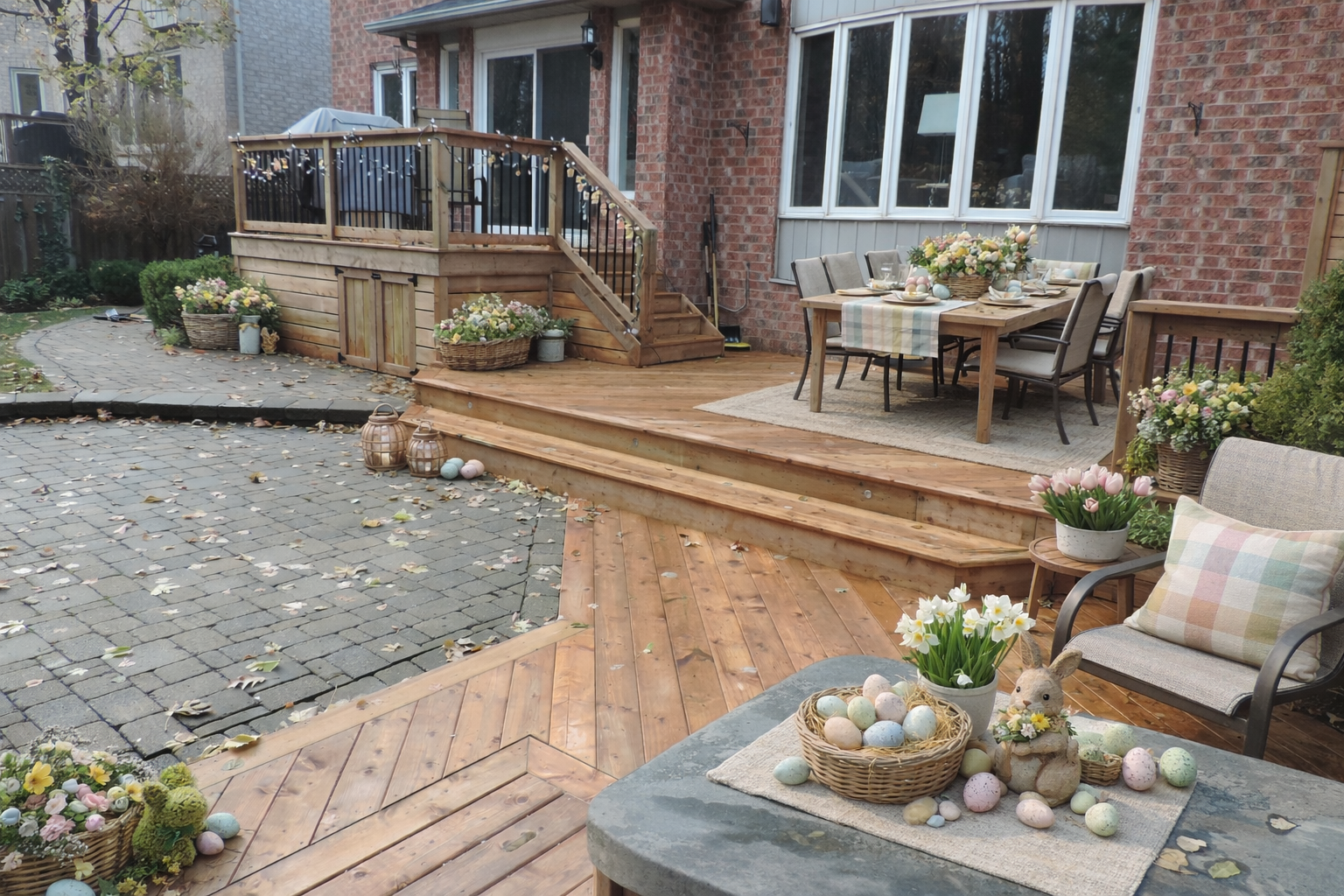 Wooden deck with outdoor dining table set for Easter, decorated with flowers and eggs.