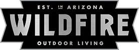 Logo for Wildfire Outdoor Living, established in Arizona, silver text on black background.