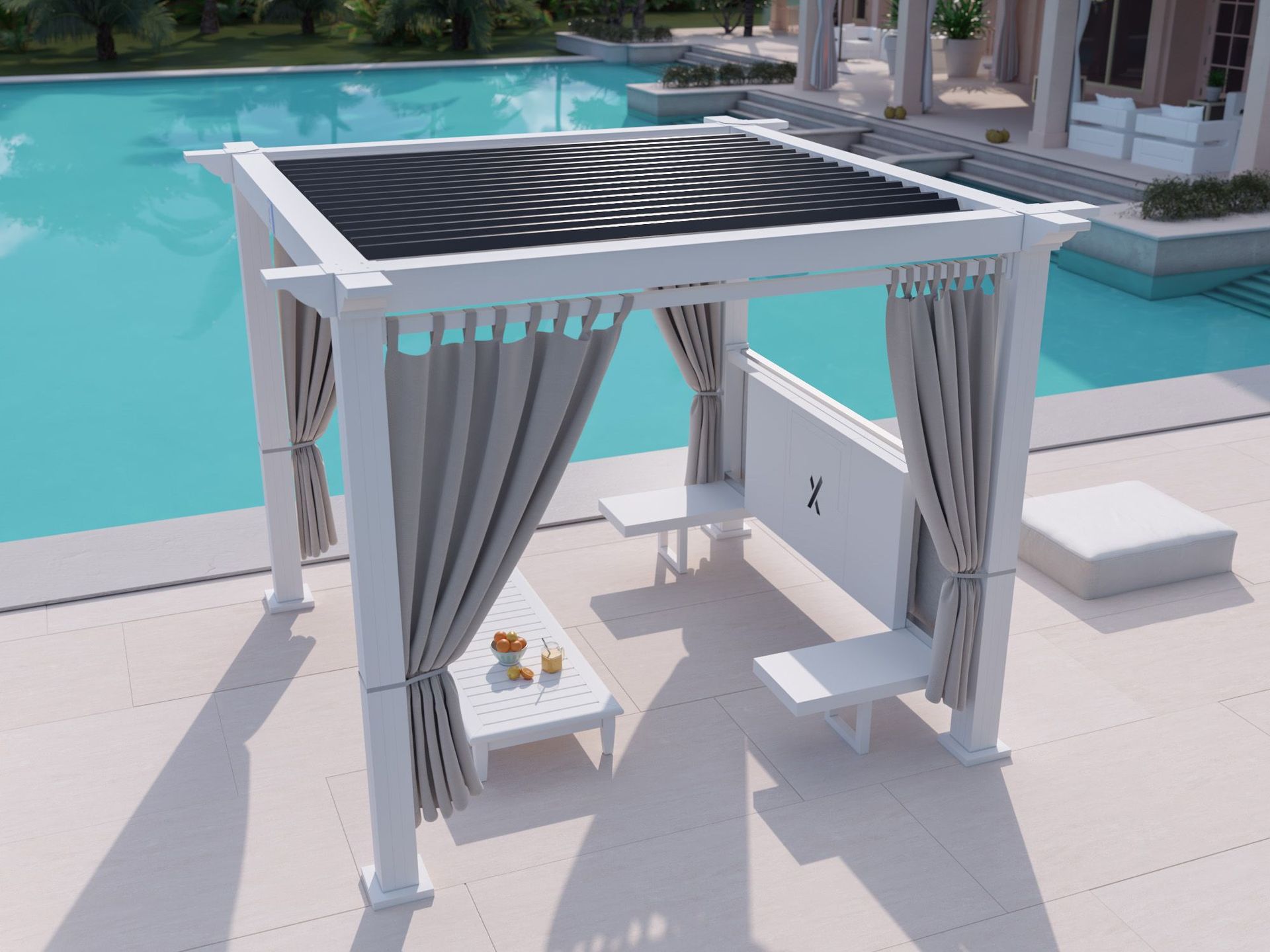 A white pergola with a black roof sits next to a swimming pool.