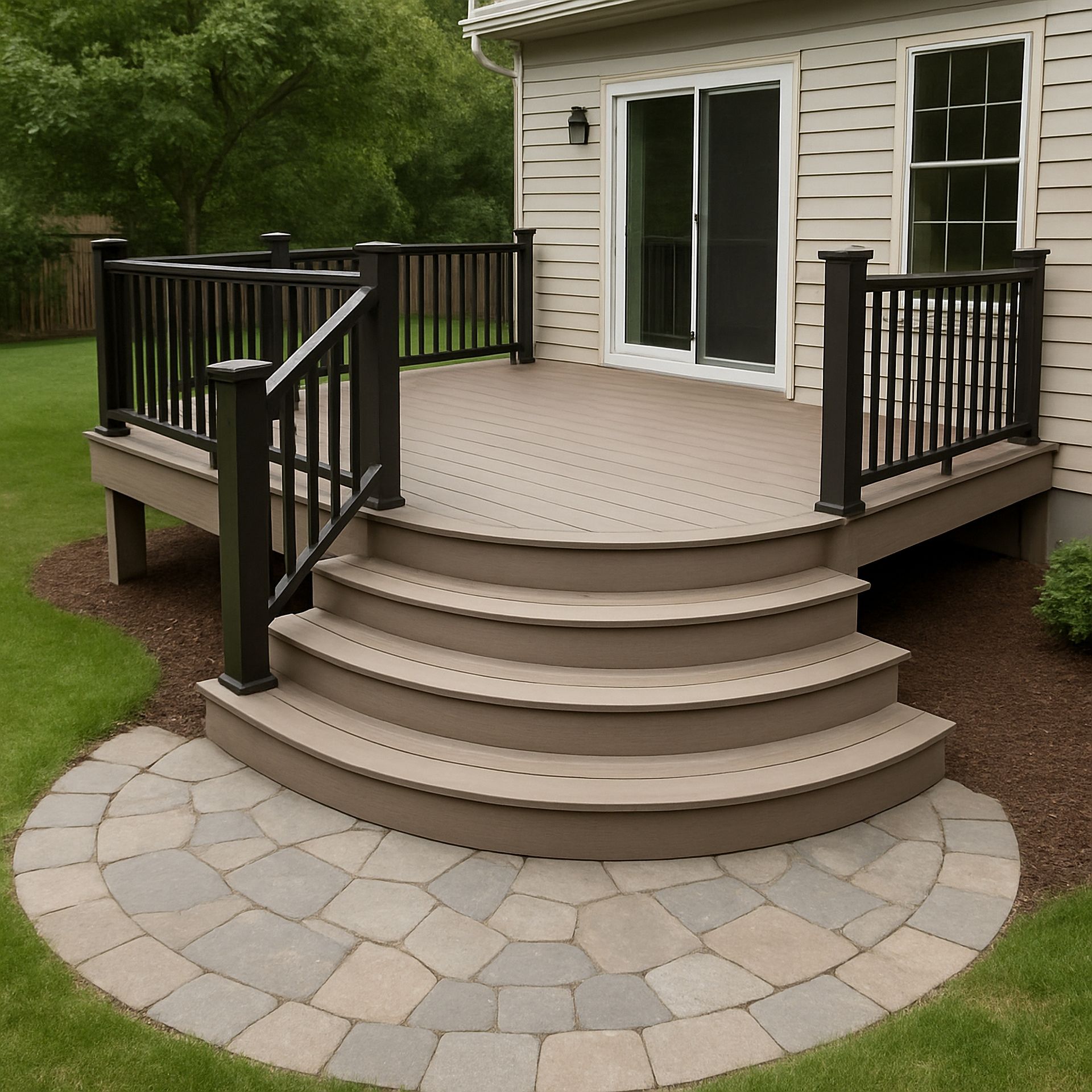 Deck with curved stairs, black railings, and a stone patio in a backyard setting.