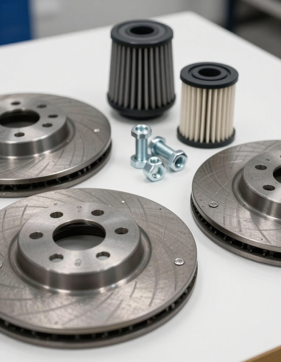 Repuestos originales Fiat: discos de freno, filtros y sujetadores sobre mesa de taller
