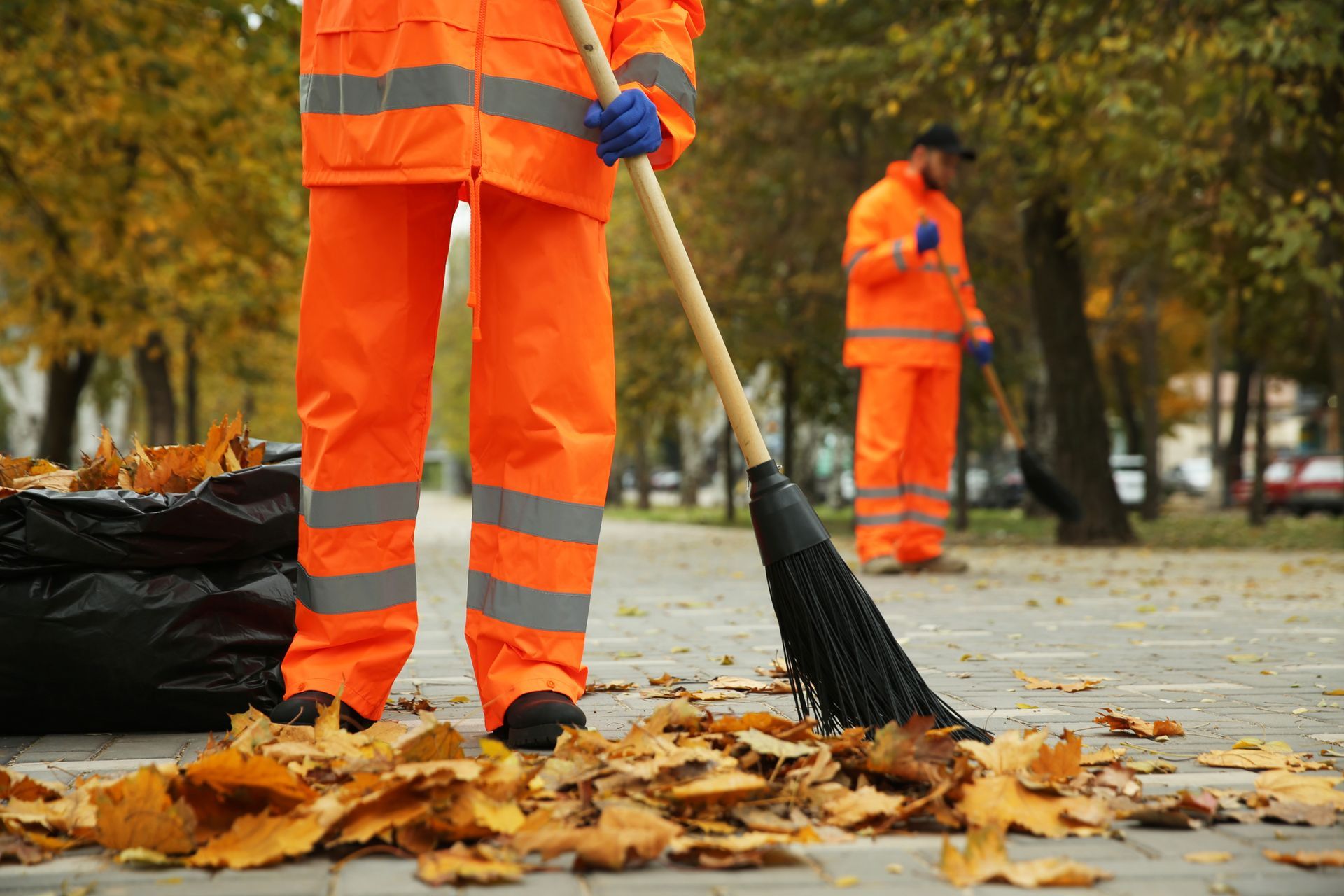 Street cleaners sweeping fallen leaves on the street.