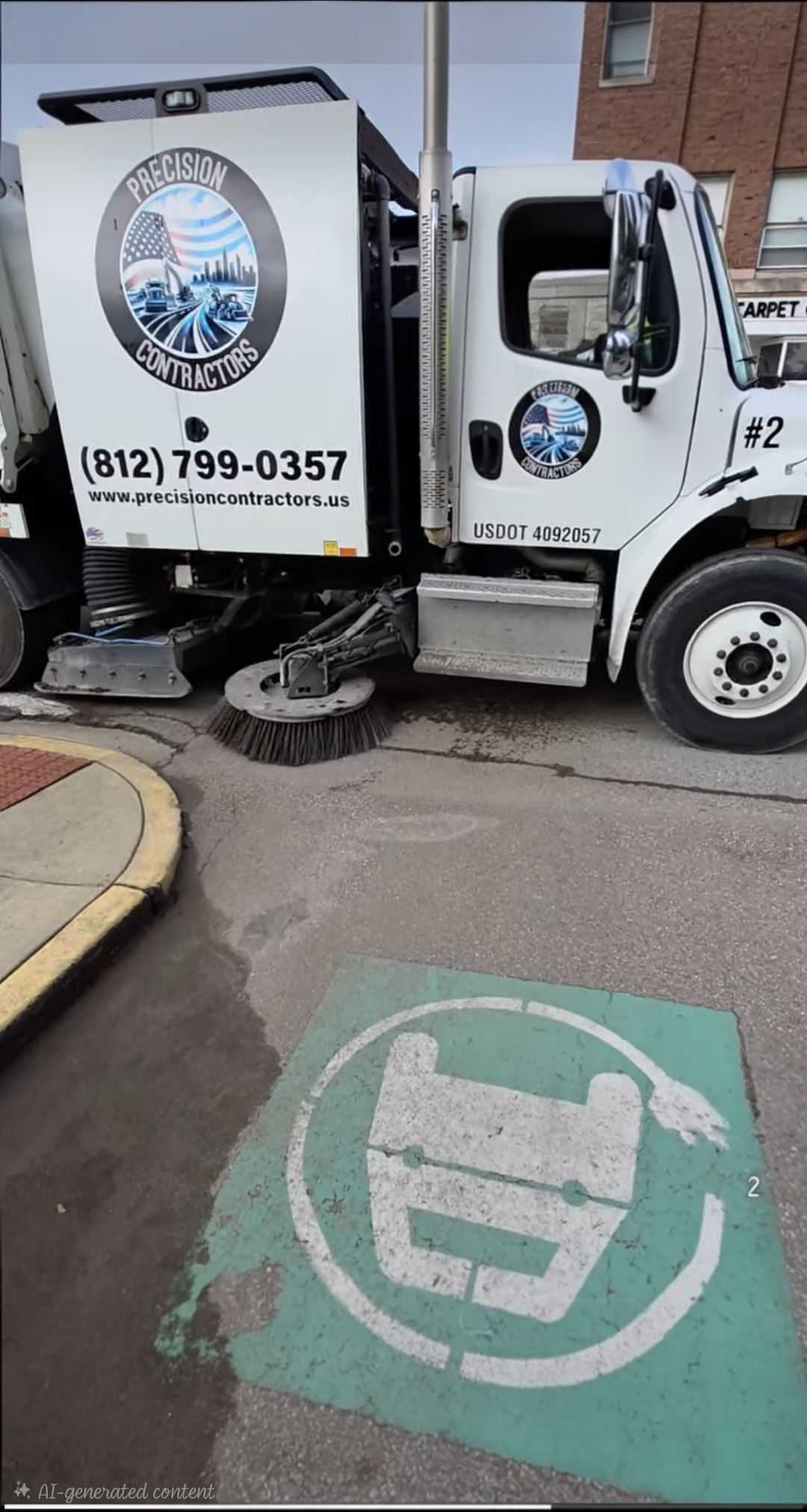 Street sweeper cleaning asphalt road; yellow and black vehicle, brushes down, driver visible. Street sweeper cleaning asphalt road; yellow and black vehicle, brushes down, driver visible.