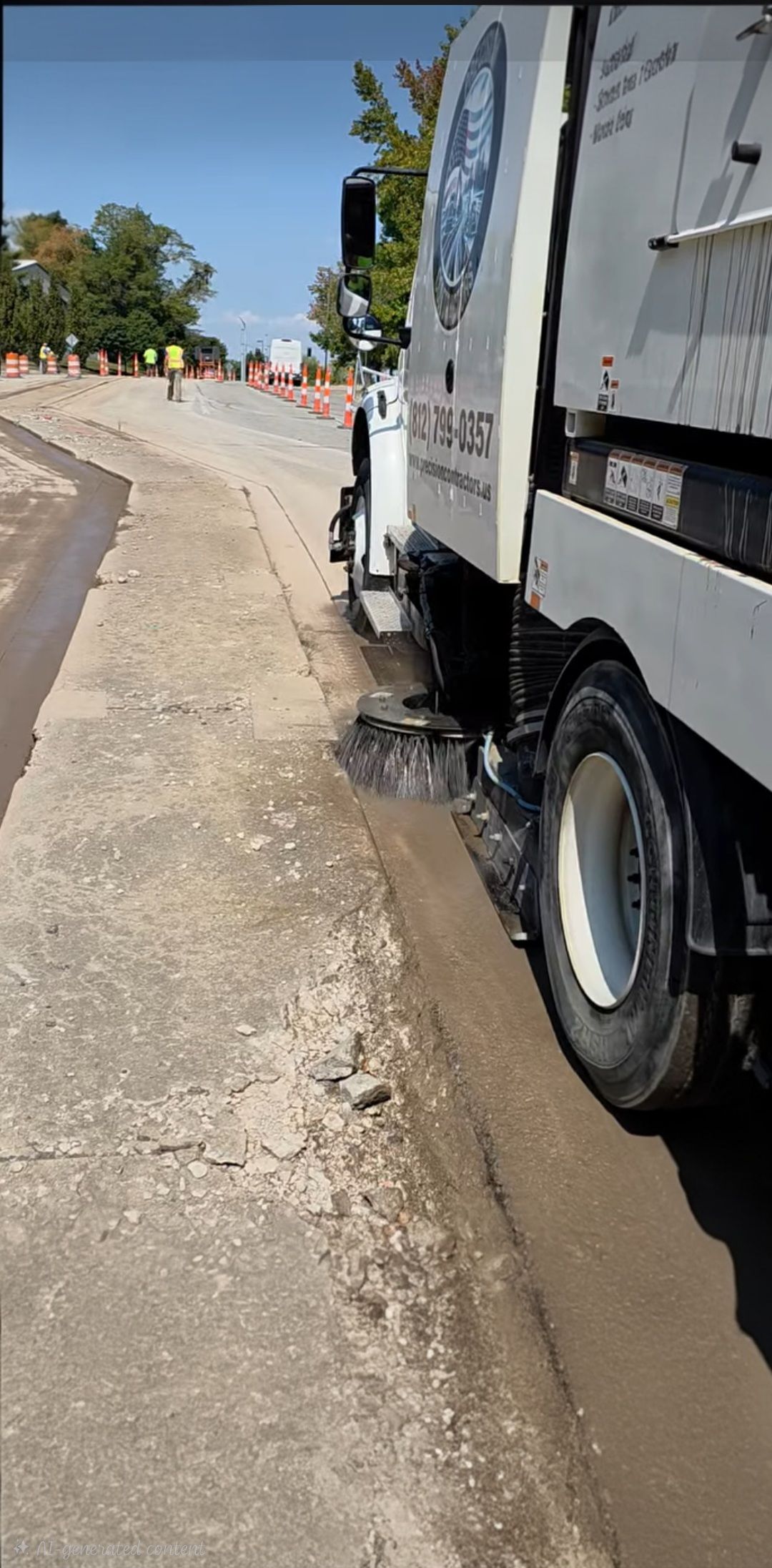 Street sweeper with green brush cleaning trash off wet asphalt.