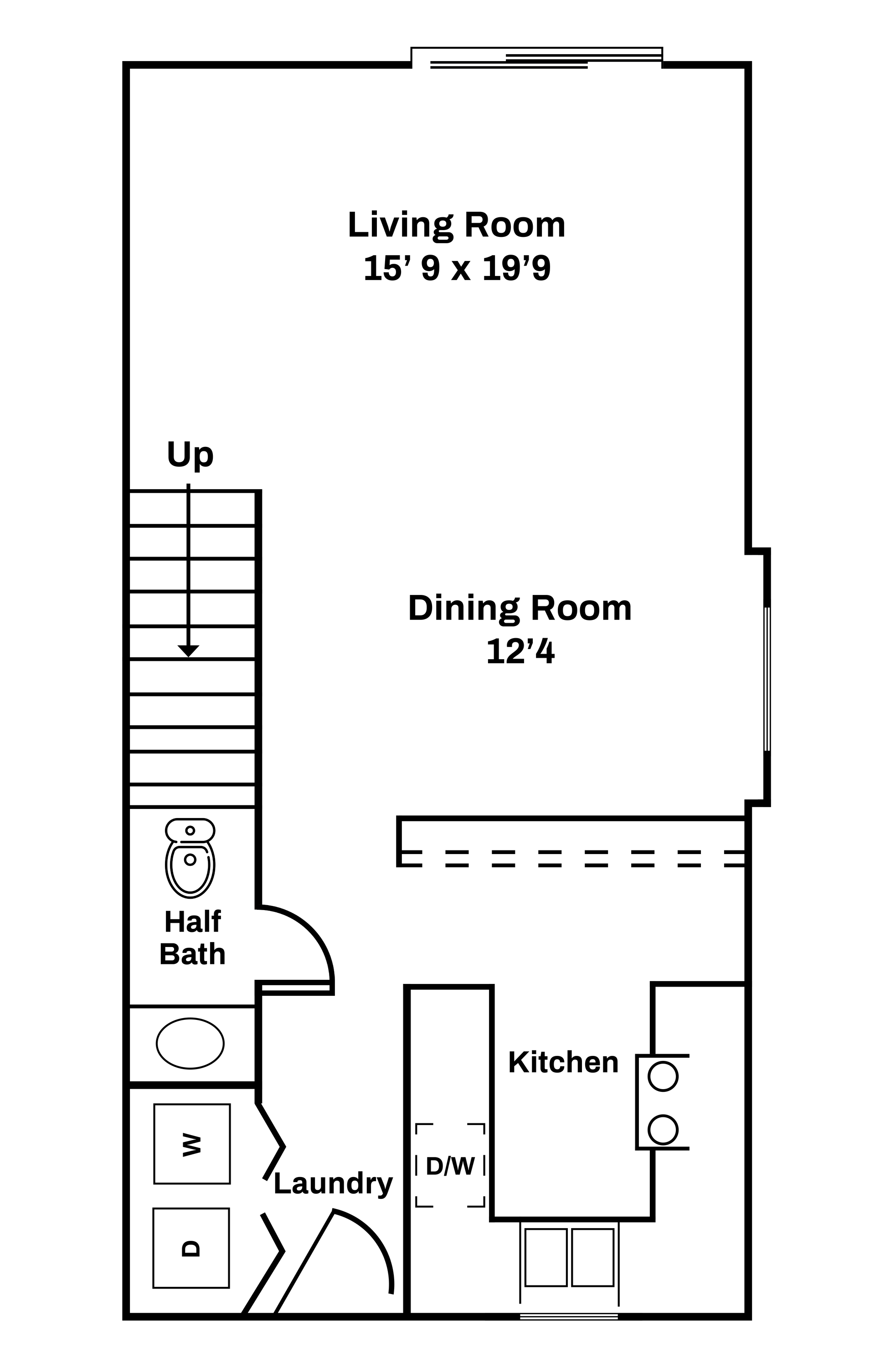 A black and white floor plan of a house with a living room and dining room.