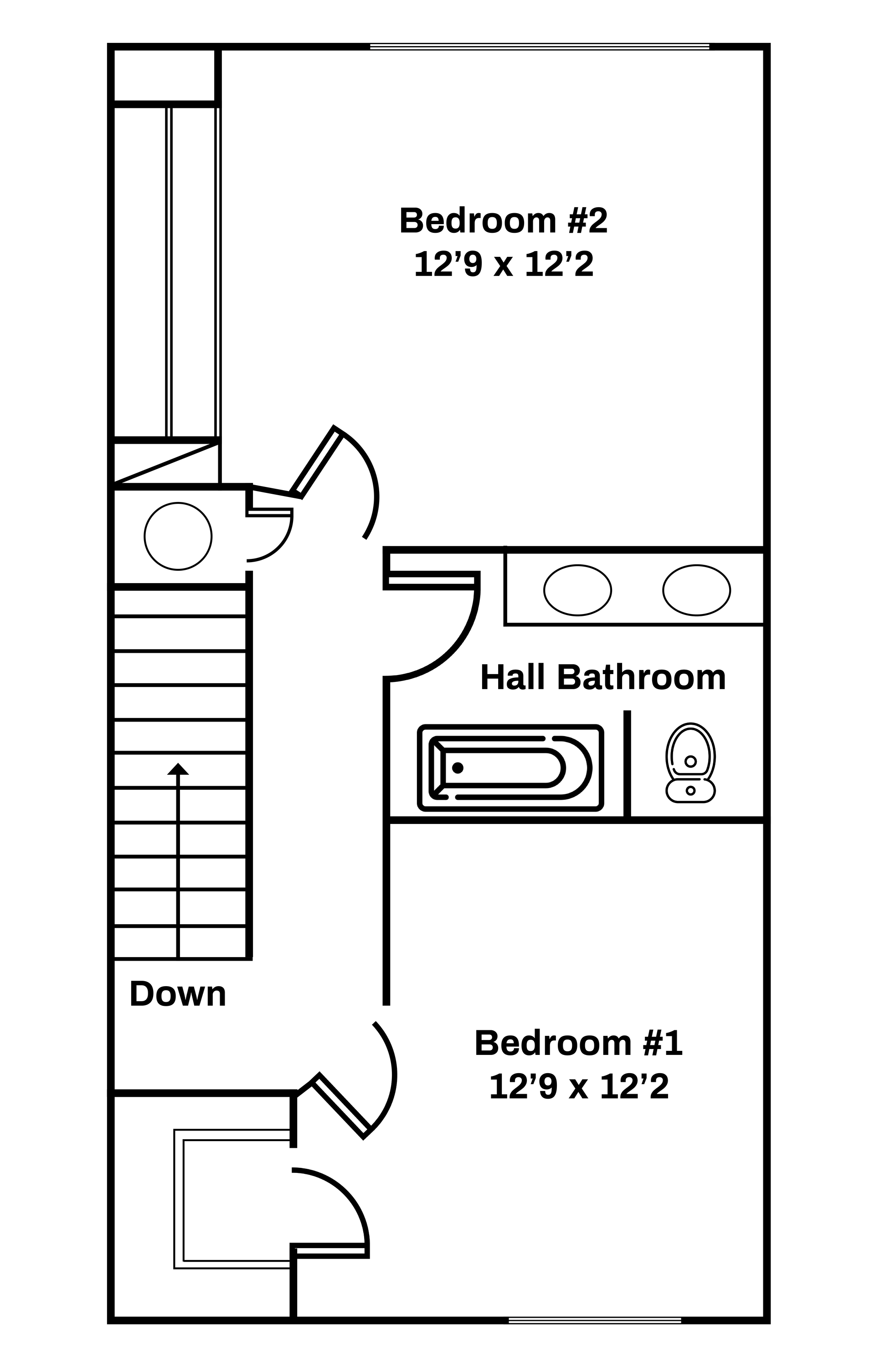 A black and white floor plan of a house with bedrooms and bathrooms.