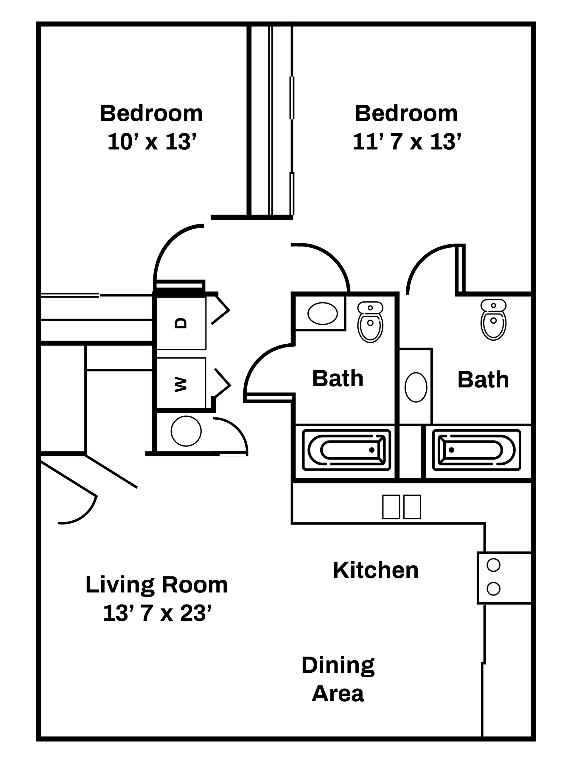 A black and white floor plan of a bedroom apartment.