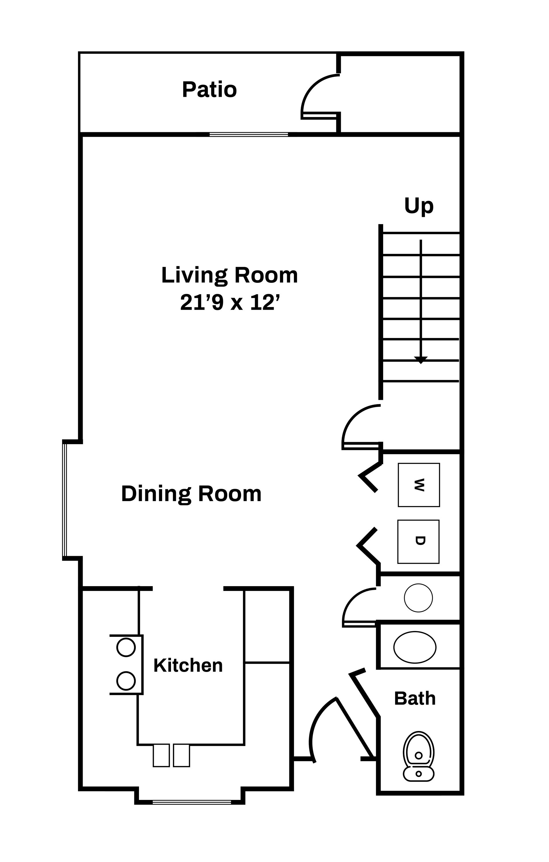 A black and white floor plan of a house with a living room and dining room.