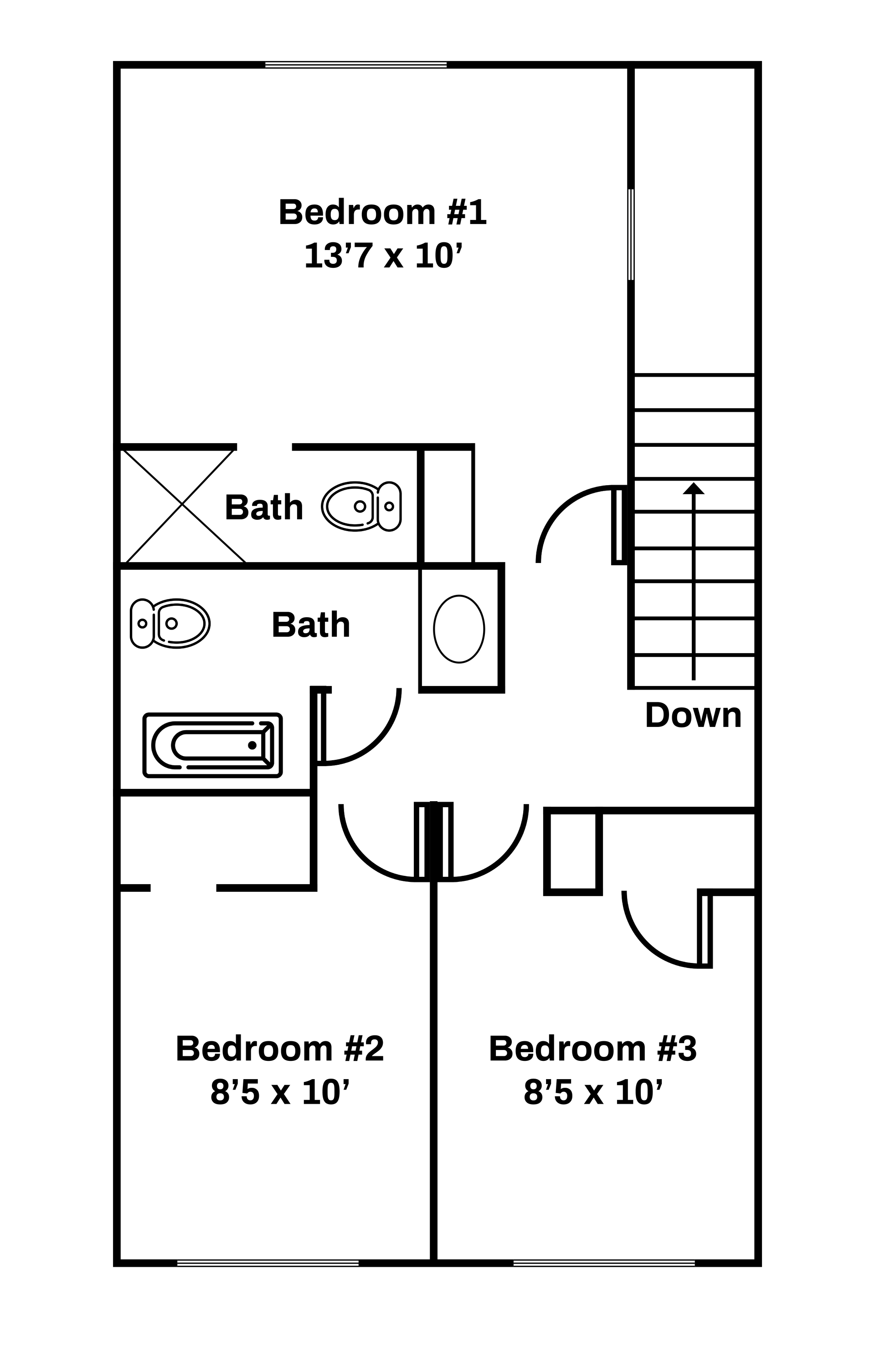 A black and white floor plan of a house with two bedrooms and a bathroom.